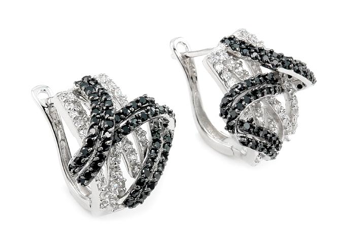 .925 Sterling Silver Pave Black And White Cz Freeform Earring