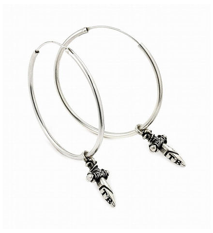 .925 Sterling Silver Twisted Blade Silver Dangling Small Dagger Hoop Earrings