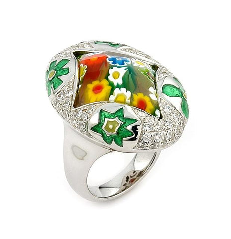 .925 Sterling Silver Exquisite Collection Faceted Multicolor Murano Glass Marquise Ring With High Quality Cz Microsetting, <b>size: 6</b>