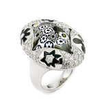 .925 Sterling Silver Exquisite Collection Faceted Blk /wht Diamond Shape Murano Glass Ring With High Quality Cz Microsetting, <b>size: 6</b>