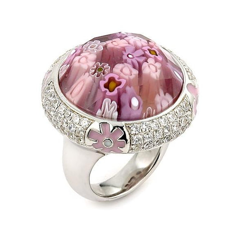 .925 Sterling Silver Exquisite Collection Faceted Pink Murano Glass Round Ring With High Quality Cz Microsetting, <b>size: 6</b>