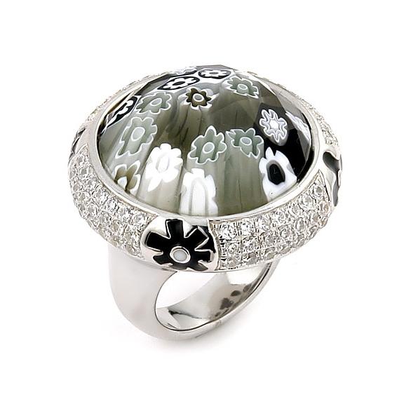 .925 Sterling Silver Exquisite Collection Faceted Black /white Murano Glass Round Ring With High Quality Cz Microsetting, <b>size: 6</b>