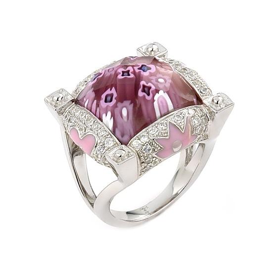 .925 Sterling Silver Exquisite Collection Faceted Pink Murano Glass Square Ring With High Quality Cz Microsetting, <b>size: 6</b>