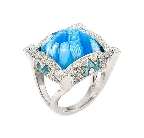 .925 Sterling Silver Exquisite Collection Faceted Blue Murano Glass Square Ring With High Quality Cz Microsetting, <b>size: 6</b>