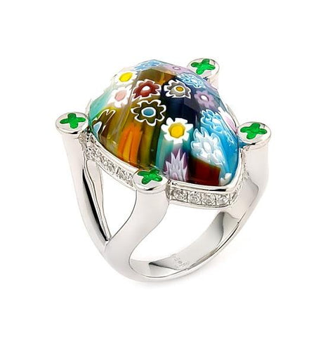 .925 Sterling Silver Exquisite Collection Faceted Multi Color Murano Glass Drop Ring With High Quality Cz Microsetting, Size 6