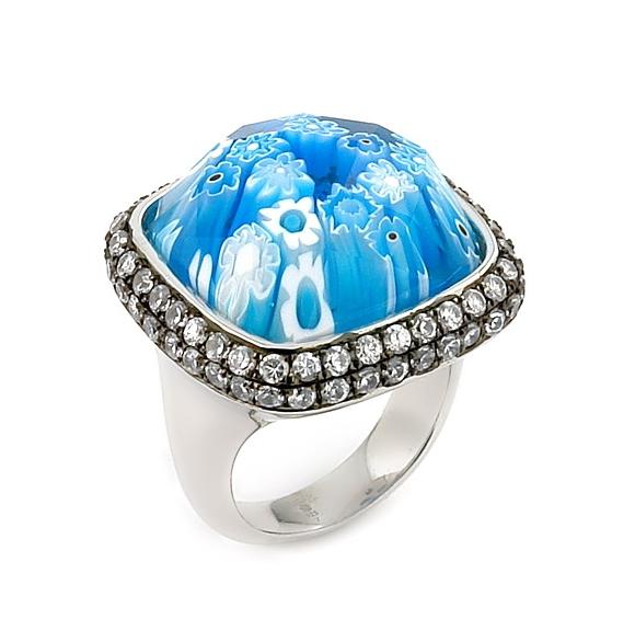 .925 Sterling Silver Exquisite Collection Faceted Blue Murano Glass Square Ring With High Quality Cz Microsetting, Size 6