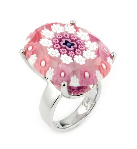 .925 Sterling Silver Exquisite Collection Faceted Pink Murano Glass Oval Ring, Size 7