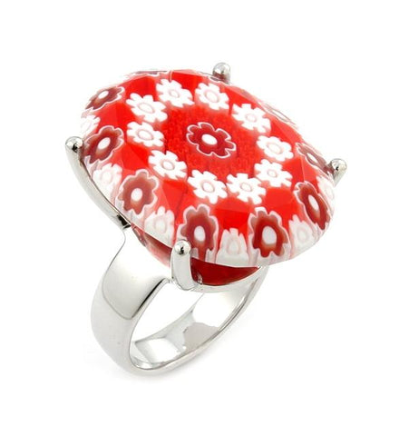 .925 Sterling Silver Exquisite Collection Faceted Red Murano Glass Oval Ring, Size 6