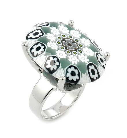 .925 Sterling Silver Exquisite Collection Faceted Black And White Murano Glass Oval Ring, <b>size: 6</b>