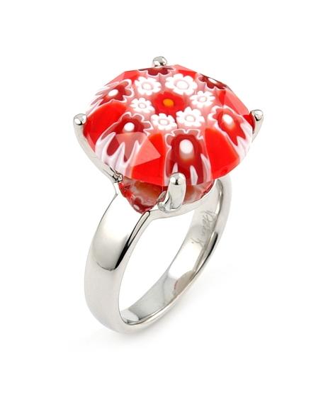 .925 Sterling Silver Exquisite Collection Faceted Red Murano Glass Small Round Ring, Size 7