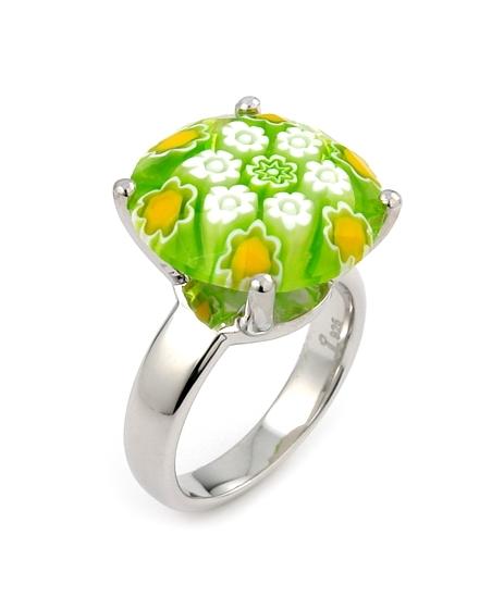 .925 Sterling Silver Exquisite Collection Faceted Green Murano Glass Small Round Ring, <b>size: 6</b>