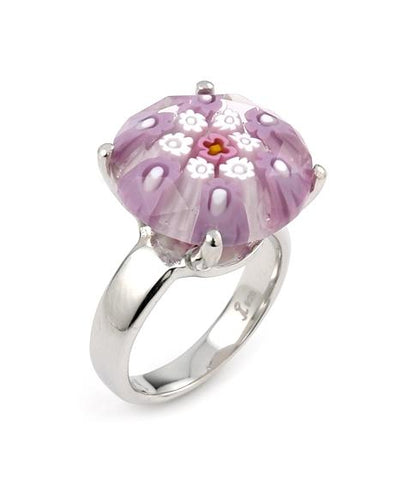 .925 Sterling Silver Exquisite Collection Faceted Pink Murano Glass Small Round Ring, Size 8