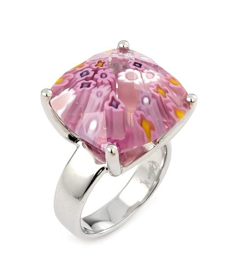 .925 Sterling Silver Exquisite Collection Faceted Pink Murano Glass Small Square Ring, Size 7