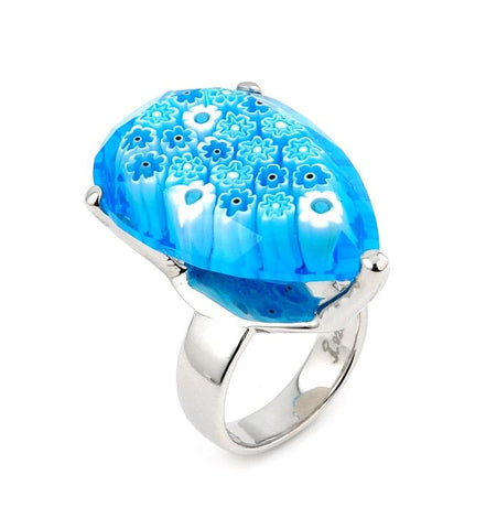 .925 Sterling Silver Exquisite Collection Faceted Light Blue Murano Glass Drop Ring, <b>size: 6</b>