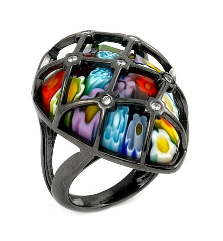 .925 Sterling Silver Exquisite Collection Faceted Mlt Murano Glass Set In Black Rhodium Finish Silver Cz Cage Ring, Size 6