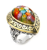 .925 Sterling Silver Exquisite Collection Faceted Multi Color Murano Glass Pear Shape Ring With Brass Accents, <b>size: 6</b>