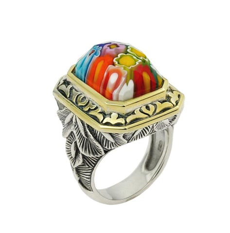 .925 Sterling Silver Exquisite Collection Faceted Multi Color Murano Glass Rectangle Shape Ring With Brass Accents, Size 6