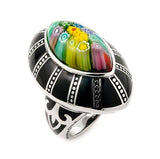 .925 Sterling Silver Exquisite Collection Sharp Cut Multi Color Murano Glass Large Marquise Ring, <b>size: 6</b>