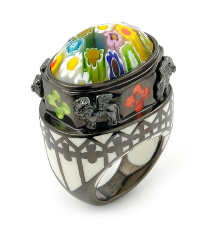 .925 Sterling Silver Exquisite Collection Murano Glass Oval Ring With Black Rhodium And Lion Accents, Size 6