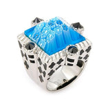 .925 Sterling Silver Exquisite Collection Bevel Cut Blue Morano Glass Square Ring With Black Stone Accents, <b>size: 6</b>