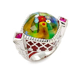 .925 Sterling Silver Exquisite Collection Faceted Mlt/red Murano Glass Square Ring With Red Stone Accents, <b>size: 7</b>