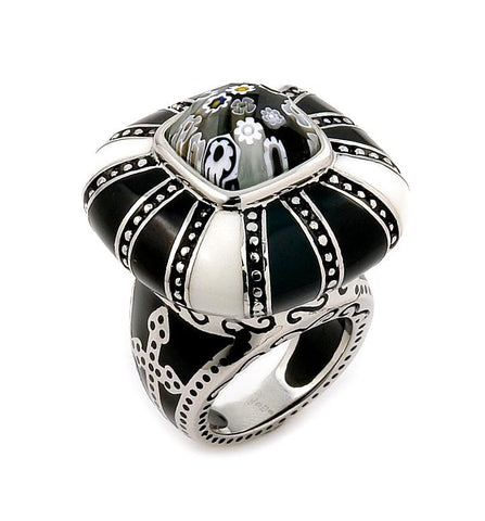 .925 Sterling Silver Exquisite Collection Faceted Black And White Murano Glass Square Ring, <b>size: 6</b>