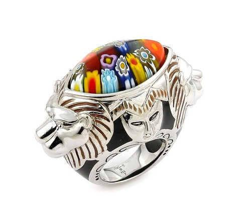 .925 Sterling Silver Exquisite Collection Faceted Multi Color Murano Glass Marquise Ring With Lion And Face Accents, <b>size: 6</b>