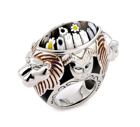 .925 Sterling Silver Exquisite Collection Faceted Black And White Murano Glass Marquise Ring With Lion And Face Accents, <b>size: 6</b>