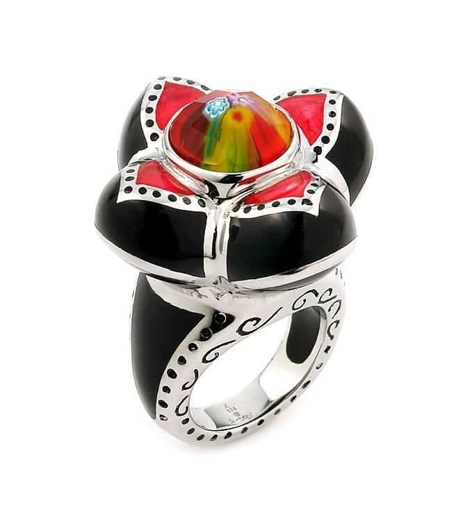 .925 Sterling Silver Exquisite Collection Faceted Multi Color Murano Glass Flower Ring, <b>size: 6</b>