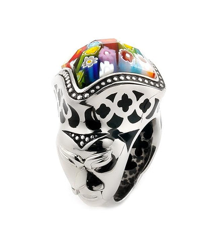 .925 Sterling Silver Exquisite Collection Faceted Multi Color Murano Glass Diamond Shape Ring With Mask Accents, <b>size: 6</b>