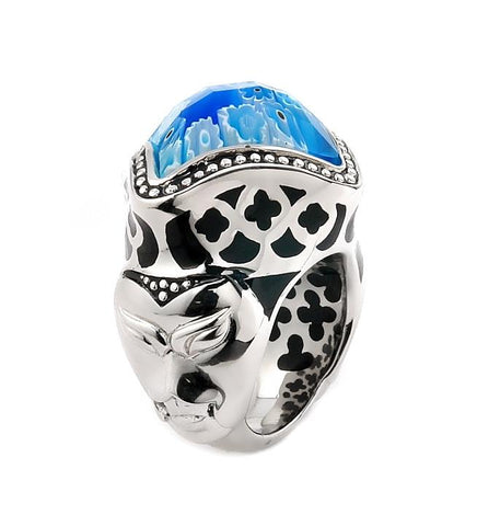 .925 Sterling Silver Exquisite Collection Faceted Blue Murano Glass Diamond Shape Ring With Mask Accents, <b>size: 6</b>