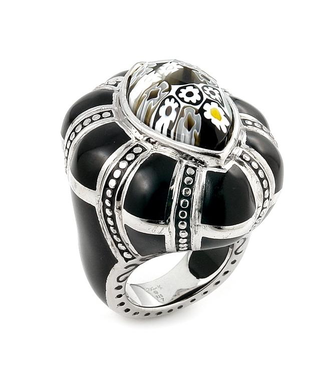 .925 Sterling Silver Exquisite Collection Faceted Black And White Murano Glass Marquise Ring, <b>size: 6</b>