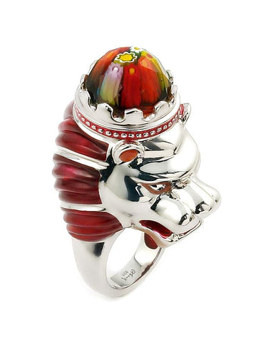 .925 Sterling Silver Exquisite Collection Faceted Multi Color Murano Glass Large Lion Ring, Size 8