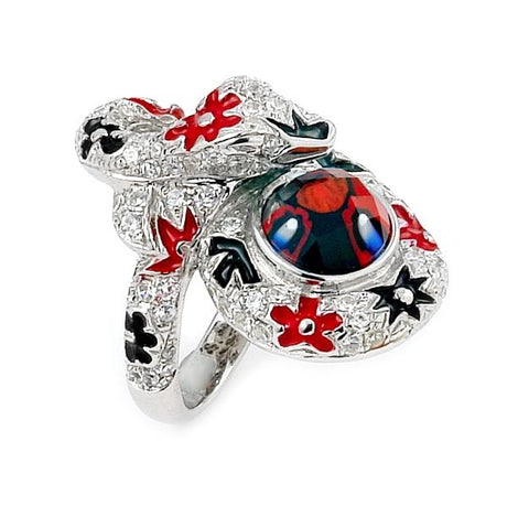 .925 Sterling Silver Exquisite Collection Faceted Black/red Murano Glass Snake Ring With High Quality Cz Microsetting, <b>size: 6</b>