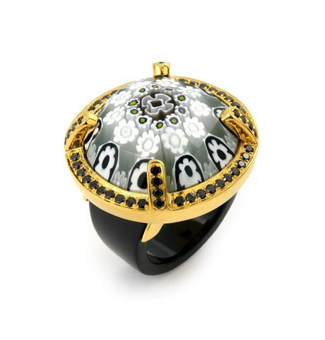 .925 Sterling Silver Exquisite Collection Faceted Blk-wht Murano Glass Gold Plated Ring With High Quality Cz Microsetting,size 6