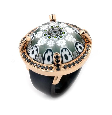 .925 Sterling Silver Exquisite Collection Faceted Blk/wht Murano Glass Rose Gold Plated Ring With High Quality Cz Microse, <b>size: 6</b>