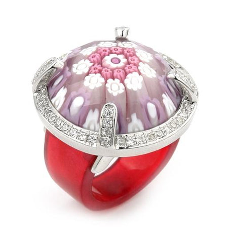 .925 Sterling Silver Exquisite Collection Faceted Pink Murano Glass Ring With High Quality Cz Microsetting, Size 6