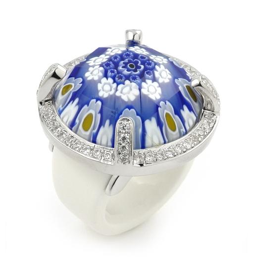 .925 Sterling Silver Exquisite Collection Faceted Blue Murano Glass Ring With High Quality Cz Microsetting, <b>size: 6</b>