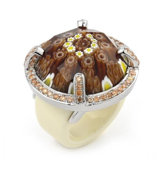 .925 Sterling Silver Exquisite Collection Faceted Brown Murano Glass Ring With High Quality Cz Microsetting, Size 6