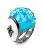 .925 Sterling Silver Exquisite Collection Faceted Blue Murano Glass Black Rhodium Plated Ring With High Quality Cz Micros, <b>size: 6</b>