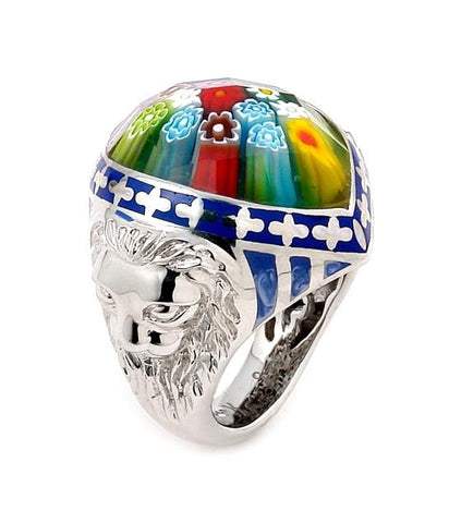 .925 Sterling Silver Exquisite Collection Faceted Multi Color Murano Glass Marquise Ring With Lion Accents, Size 6