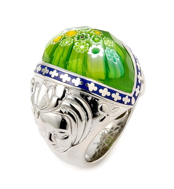 .925 Sterling Silver Exquisite Collection Faceted Green Murano Glass Marquise Ring With Venetian Masks, <b>size: 6</b>