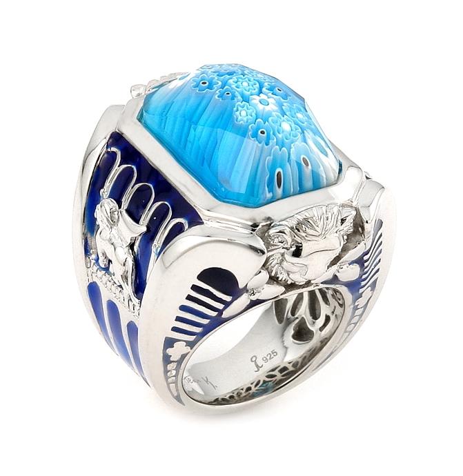 .925 Sterling Silver Exquisite Collection Faceted Light Blue Murano Glass Rectangle Ring With Lion Accents, <b>size: 6</b>