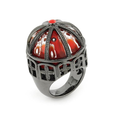 .925 Sterling Silver Exquisite Collection Faceted Red Round Murano Glass Ring Set In Black Rhodium Finish Silver Cage Fra, <b>size: 6</b>