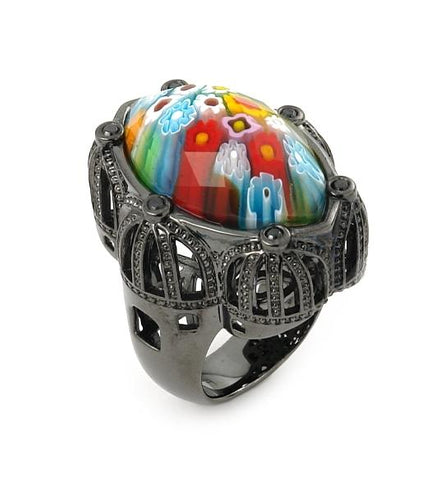 .925 Sterling Silver Exquisite Collection Faceted Multi Color Murano Glass Marquise Shape Ring With Black Rhodium Finish, Size 6