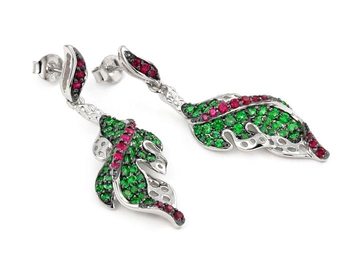 .925 Sterling Silver Ferroni Green And Red Leaf Earrings With Colored Zirconia By Swarovski