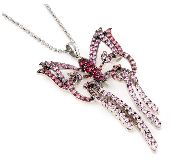 .925 Sterling Silver Ferroni Red, Dark And Light Pink Butterfly 18" Necklace With Colored Zirconia By Swarovski