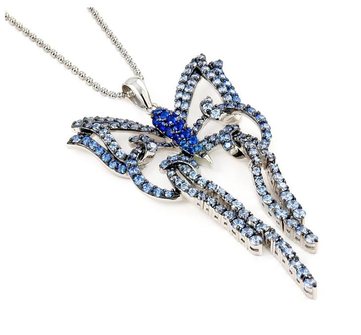 .925 Sterling Silver Ferroni Dark And Light Blue Butterfly 18" Necklace With Colored Zirconia By Swarovski