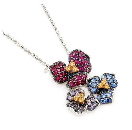 .925 Sterling Silver Ferroni Red, Purple, Light Blue And Yellow Flower 18" Necklace With Colored Zirconia By Swarovski