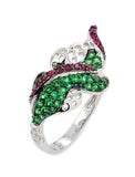 .925 Sterling Silver Ferroni Green And Red Leaf Ring With Colored Zirconia By Swarovski, <b>size: 6</b>